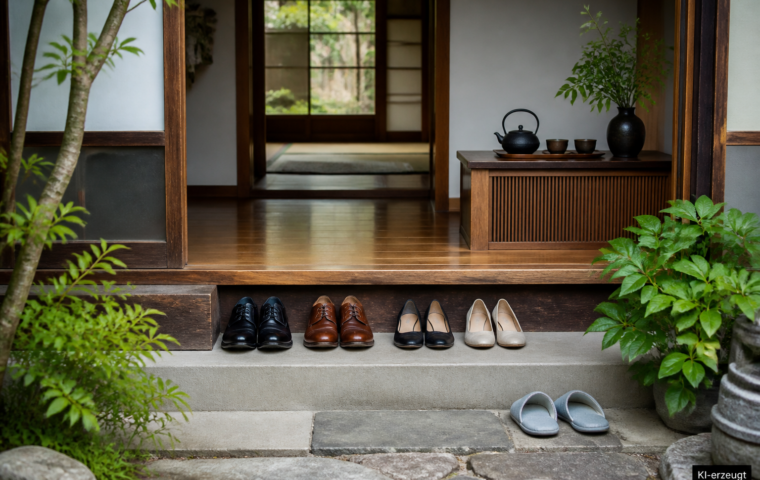 Japanischer Eingangsbereich mit abgestellten Schuhen und Teeset