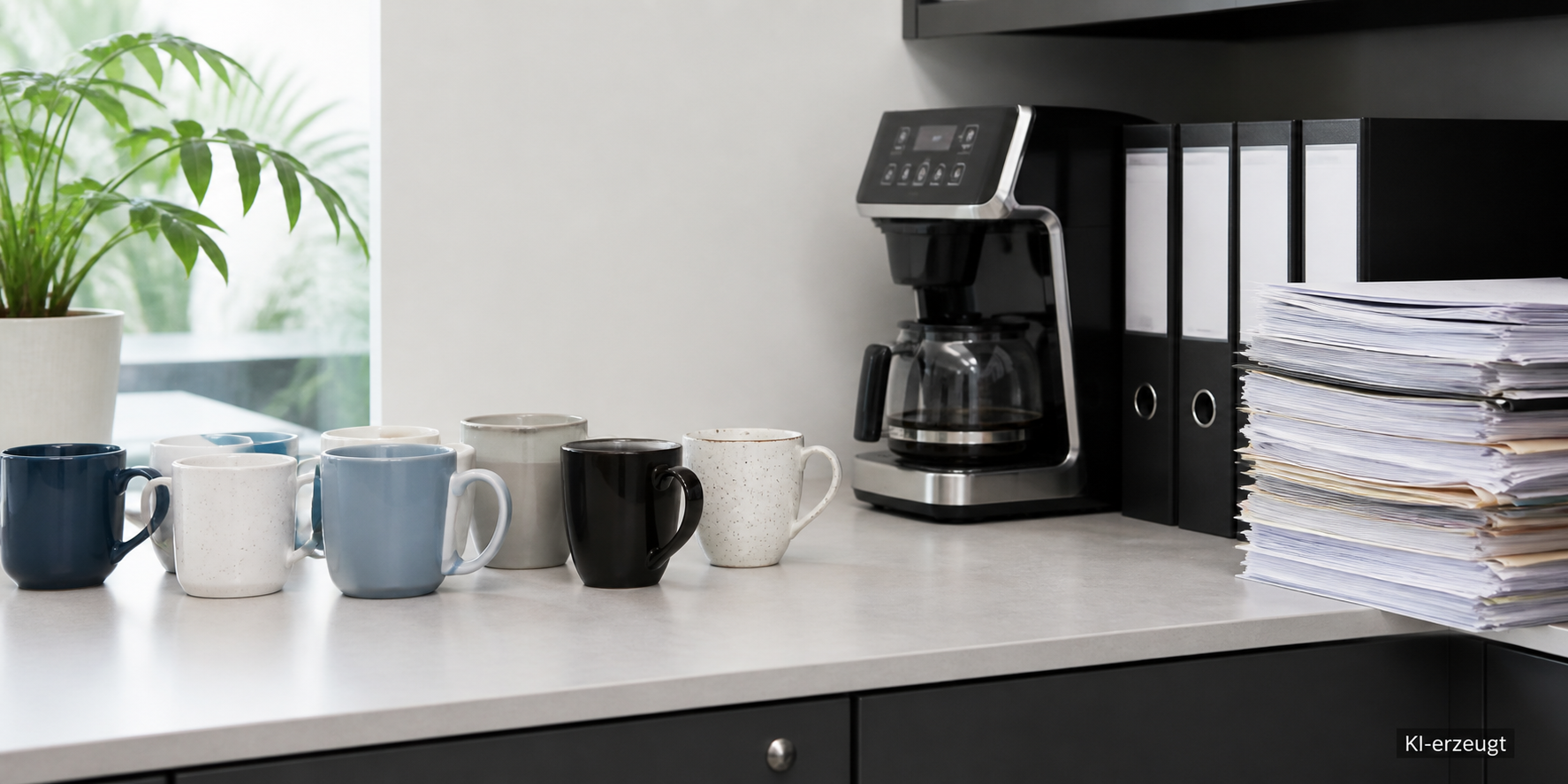 Verschiedene Bürotassen neben einer Kaffeemaschine und Aktenstapeln