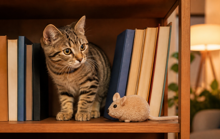 Katze sitzt auf einem Bücherregal zwischen Büchern und Spielzeug