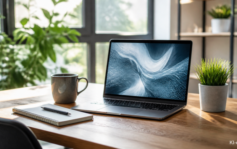 Aufgeräumter Schreibtisch mit Laptop, Notizblock und Kaffeetasse