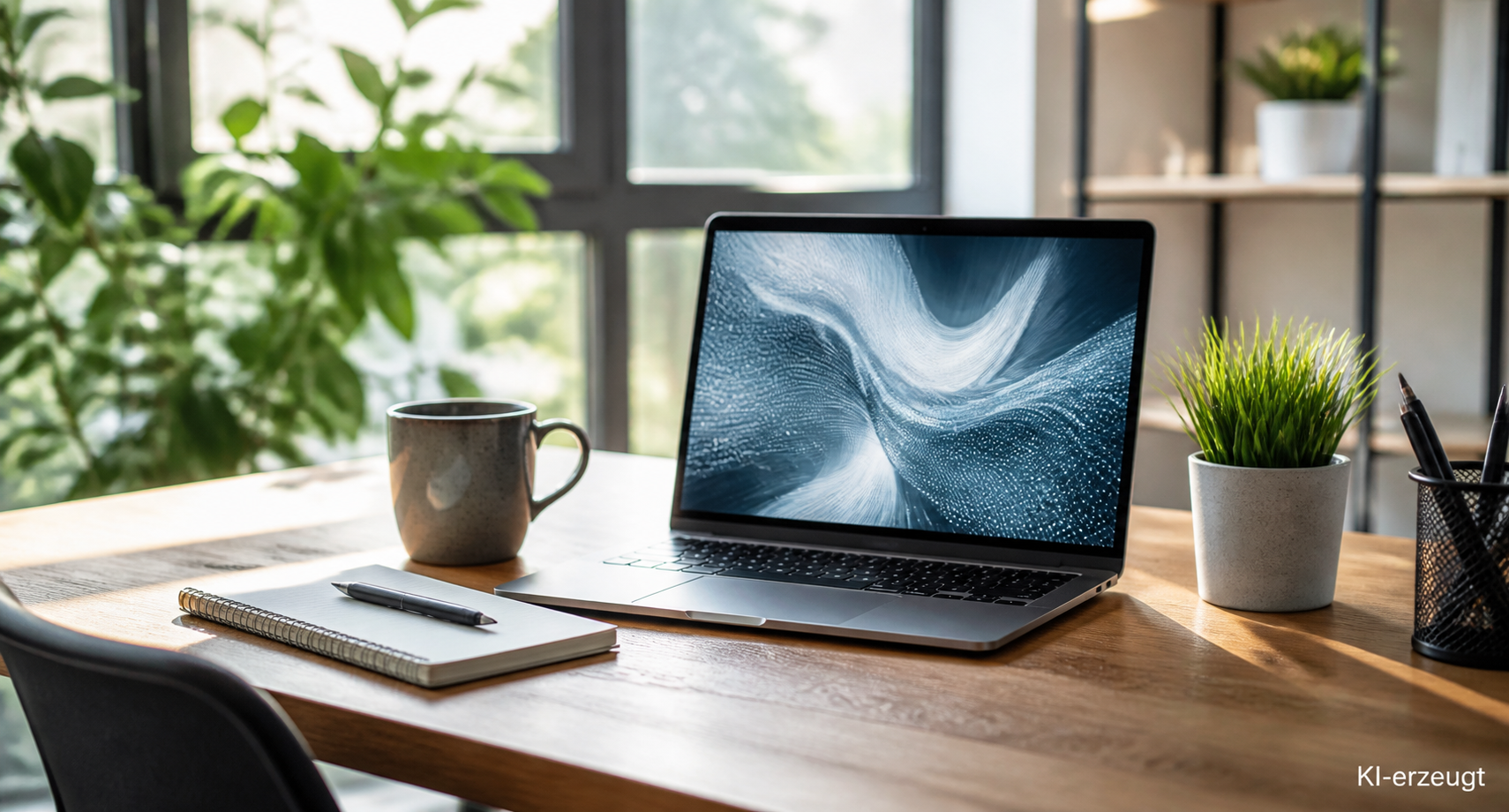 Aufgeräumter Schreibtisch mit Laptop, Notizblock und Kaffeetasse