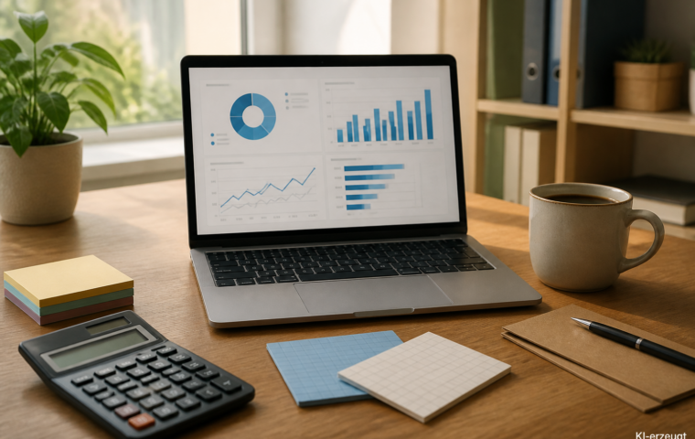 Schreibtisch mit Dashboard-Ausdruck, Taschenrechner und Notizkarten