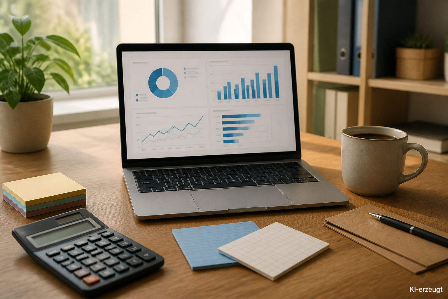 Schreibtisch mit Dashboard-Ausdruck, Taschenrechner und Notizkarten