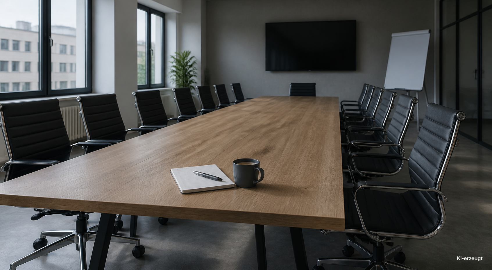 Leerer Besprechungsraum mit vielen Stühlen und kaltem Kaffee auf dem Tisch