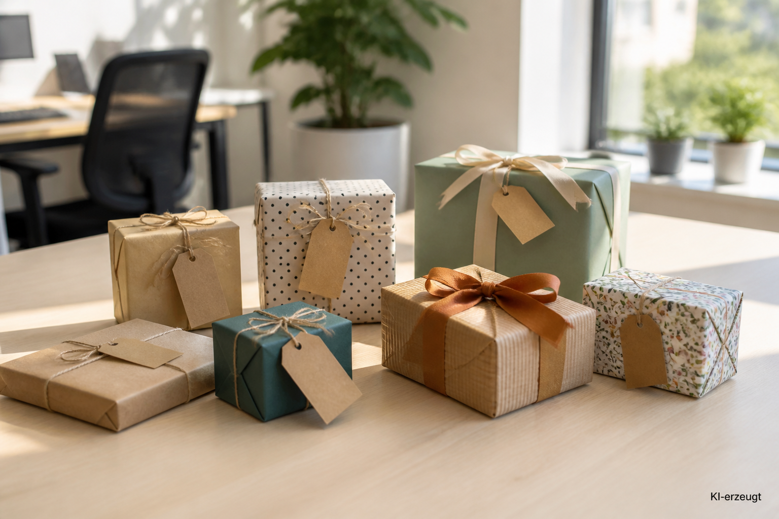 Mehrere kleine Geschenkboxen mit handgeschriebenen Karten in einem modernen Büro