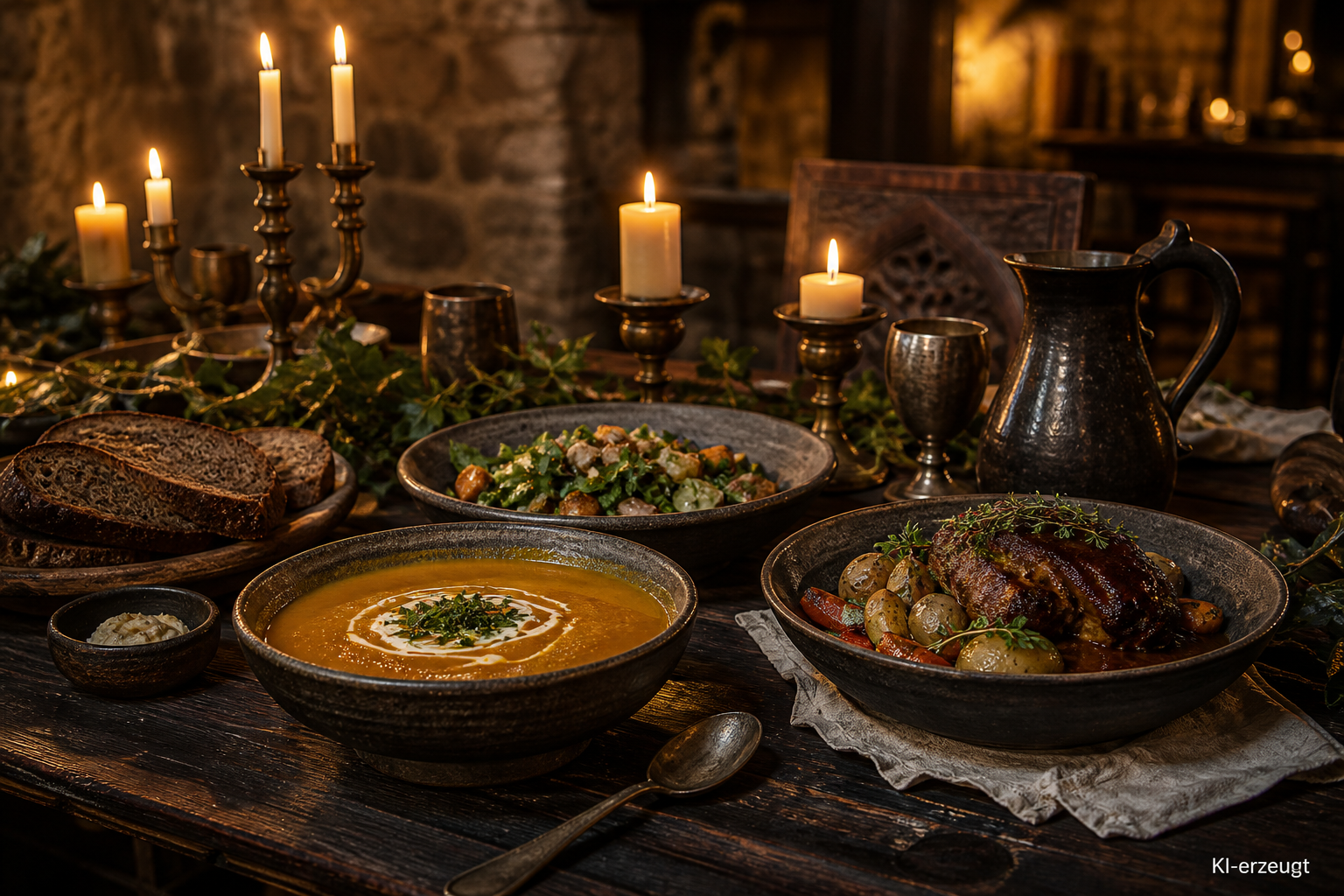Festliche Tafel mit drei Gängen in Steingutgeschirr und Kerzen