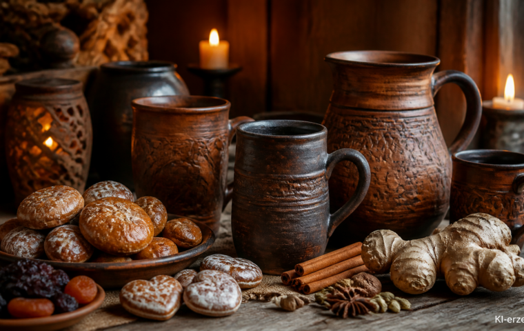 Tonkrüge, Honiggebäck und Gewürze auf einem rustikalen Holztisch