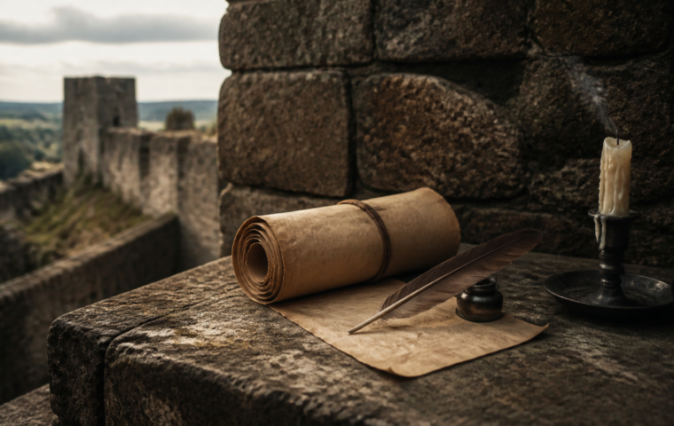 Pergament und Feder auf einem Steintisch vor einer Burgmauer