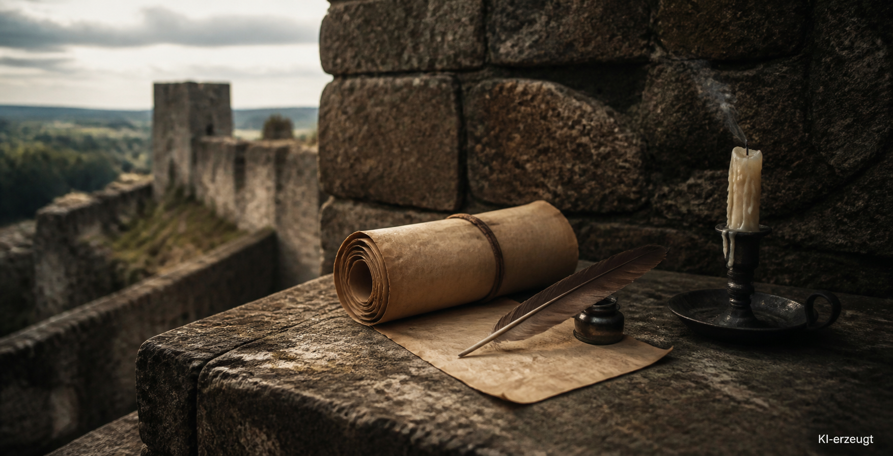 Pergament und Feder auf einem Steintisch vor einer Burgmauer