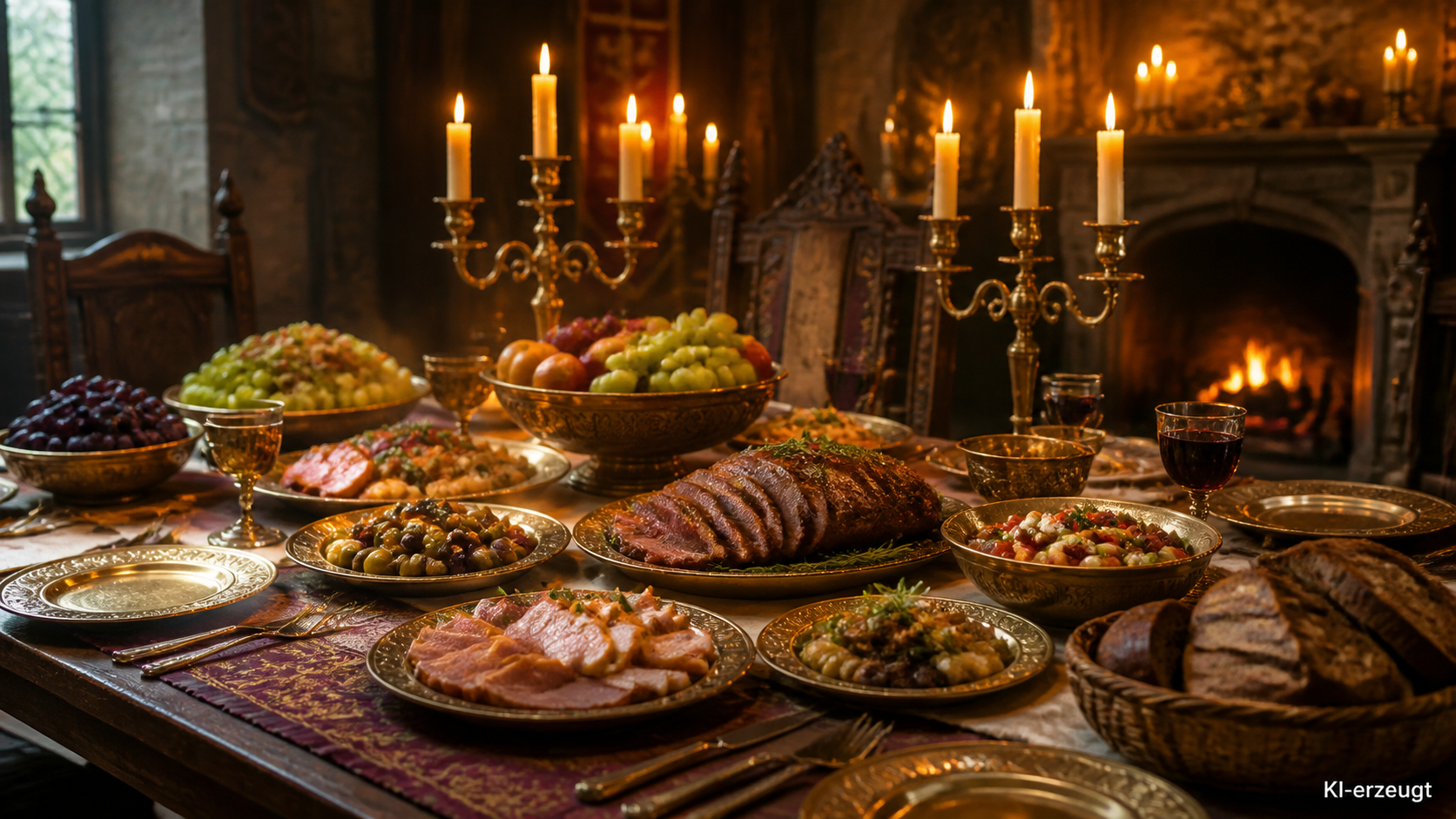 Festliche Tafel mit mehreren Platten, goldfarbenem Geschirr und Kerzen