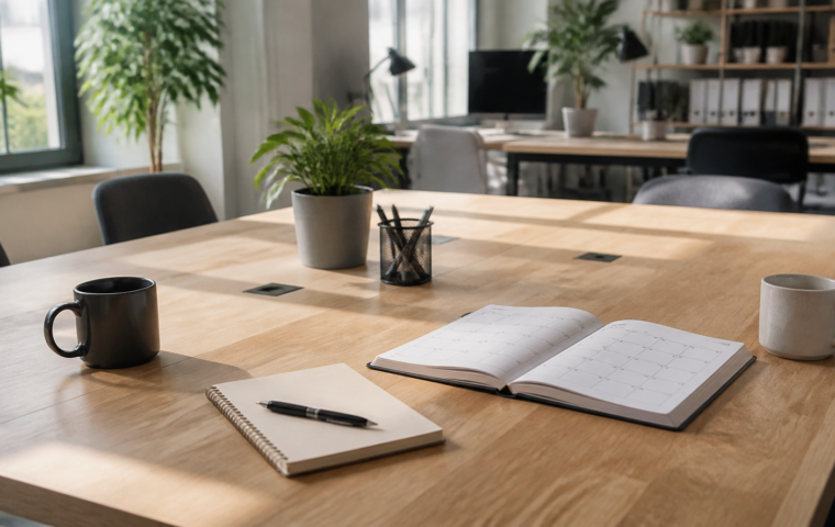 Offener Teamtisch mit Kaffeetassen, Notizblock und Kalender