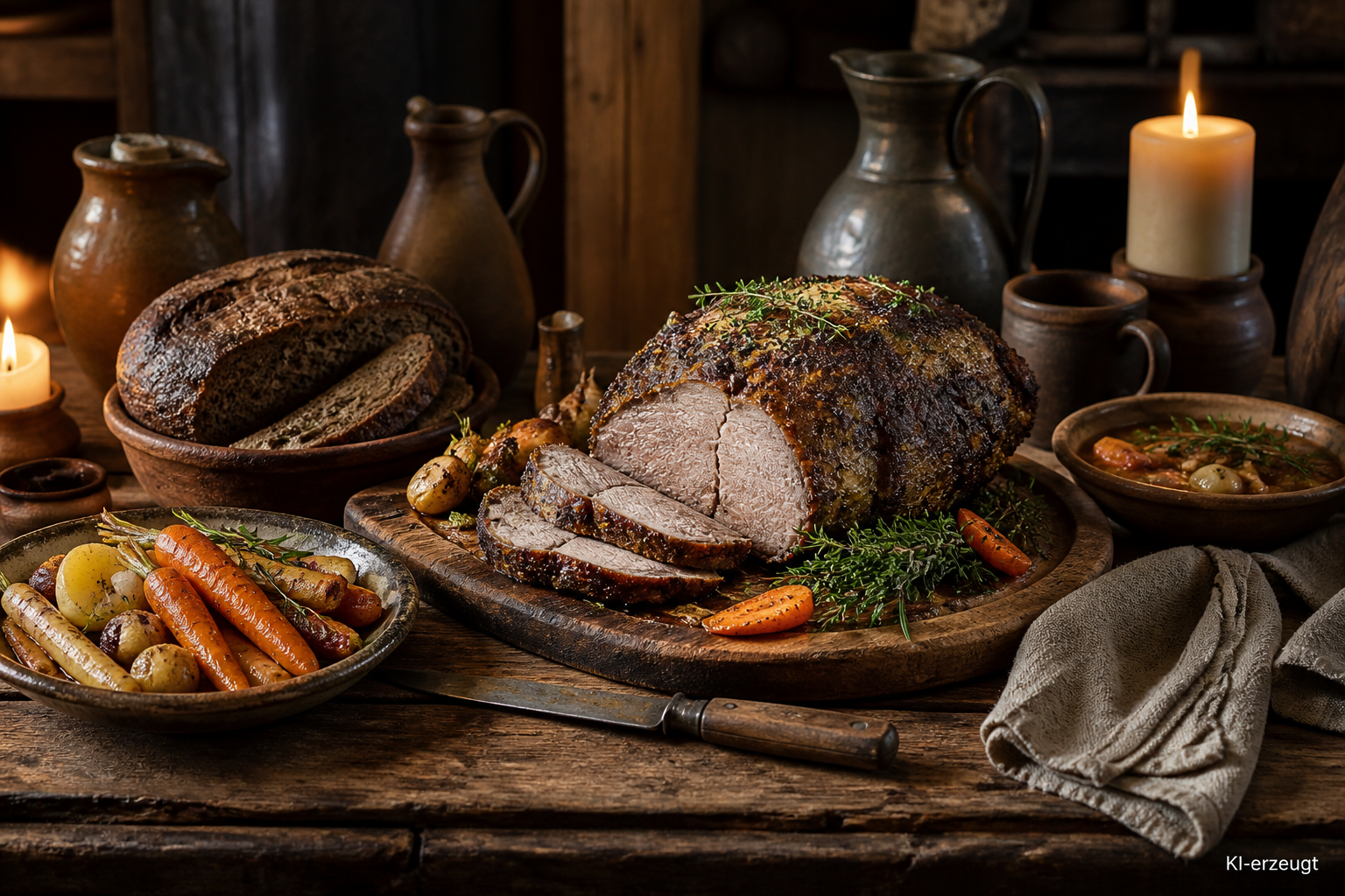 Rustikale Tafel mit Braten, Wurzelgemüse, Brot und Krügen