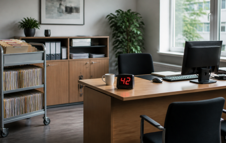 Modernes Amtszimmer mit Aktenwagen und Nummernanzeige