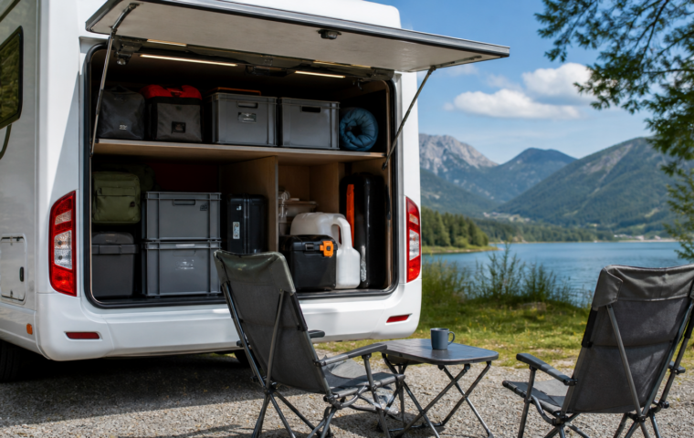 Geöffnete Heckgarage eines Wohnmobils mit sortierter Ausrüstung in Boxen