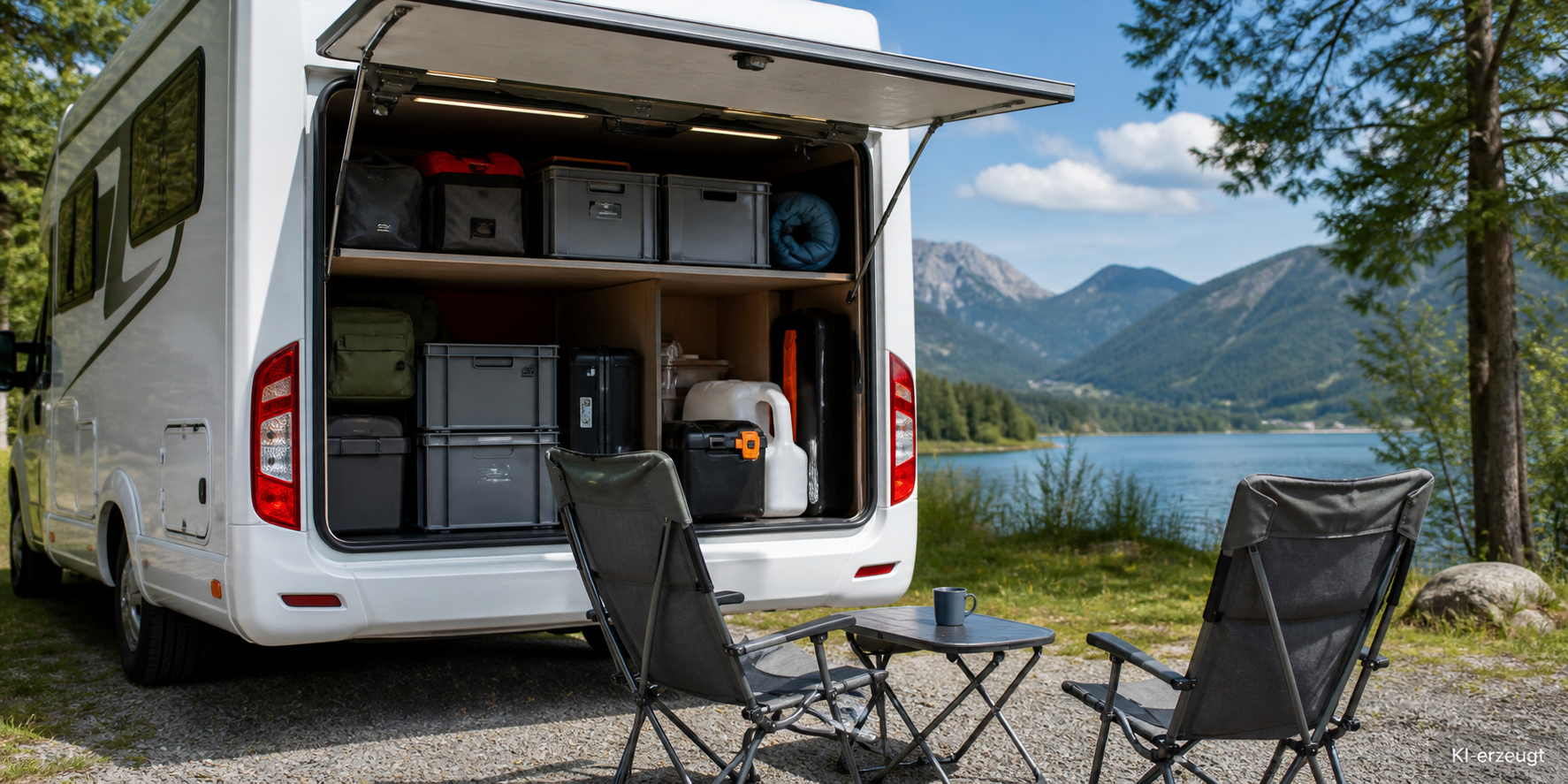 Geöffnete Heckgarage eines Wohnmobils mit sortierter Ausrüstung in Boxen
