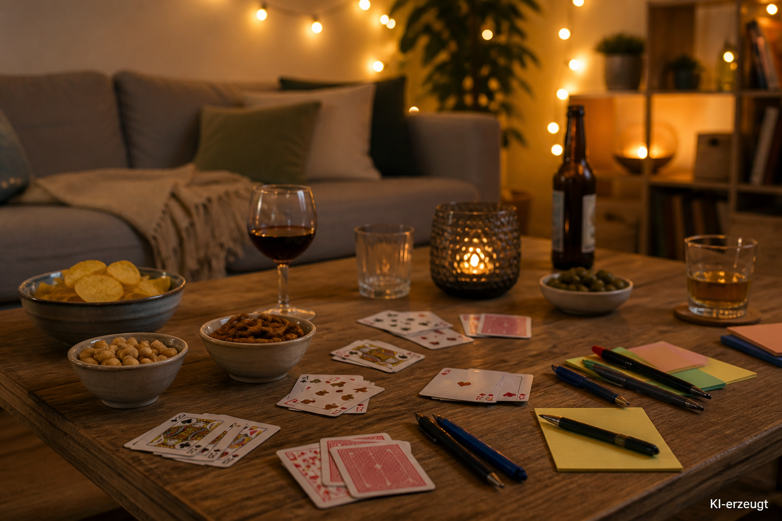 Spielkarten, Zettel und Snacks auf einem Wohnzimmertisch mit Lichterkette