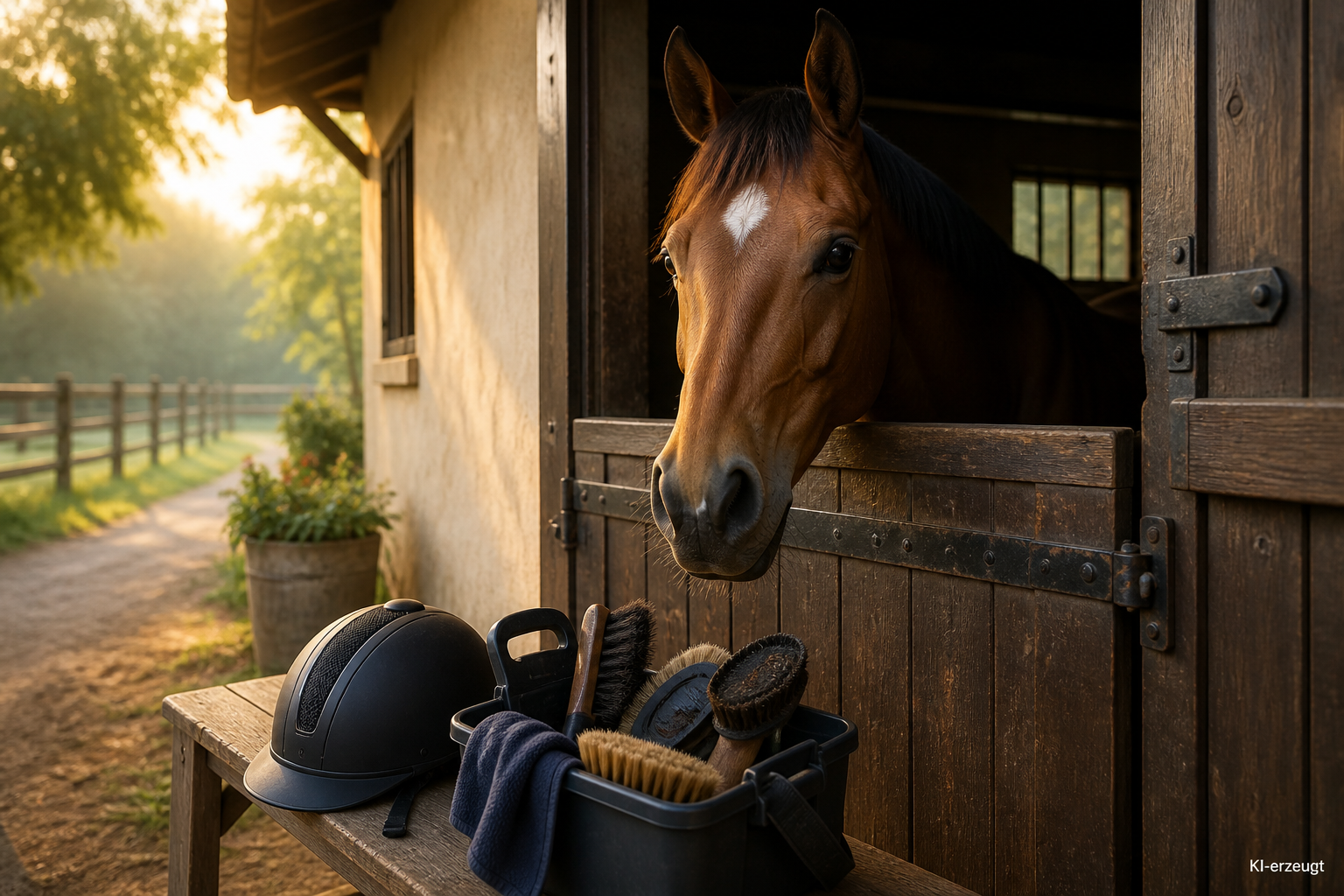 Pferd an der Stalltür, davor Putzkasten mit Bürsten und ein Reithelm