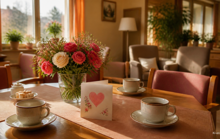 Aufenthaltsraum mit Kaffeetassen, Blumen und einer Dankeskarte auf dem Tisch