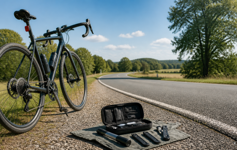 Fahrrad an einer Landstraße mit geöffnetem Pannenset auf einem Tuch