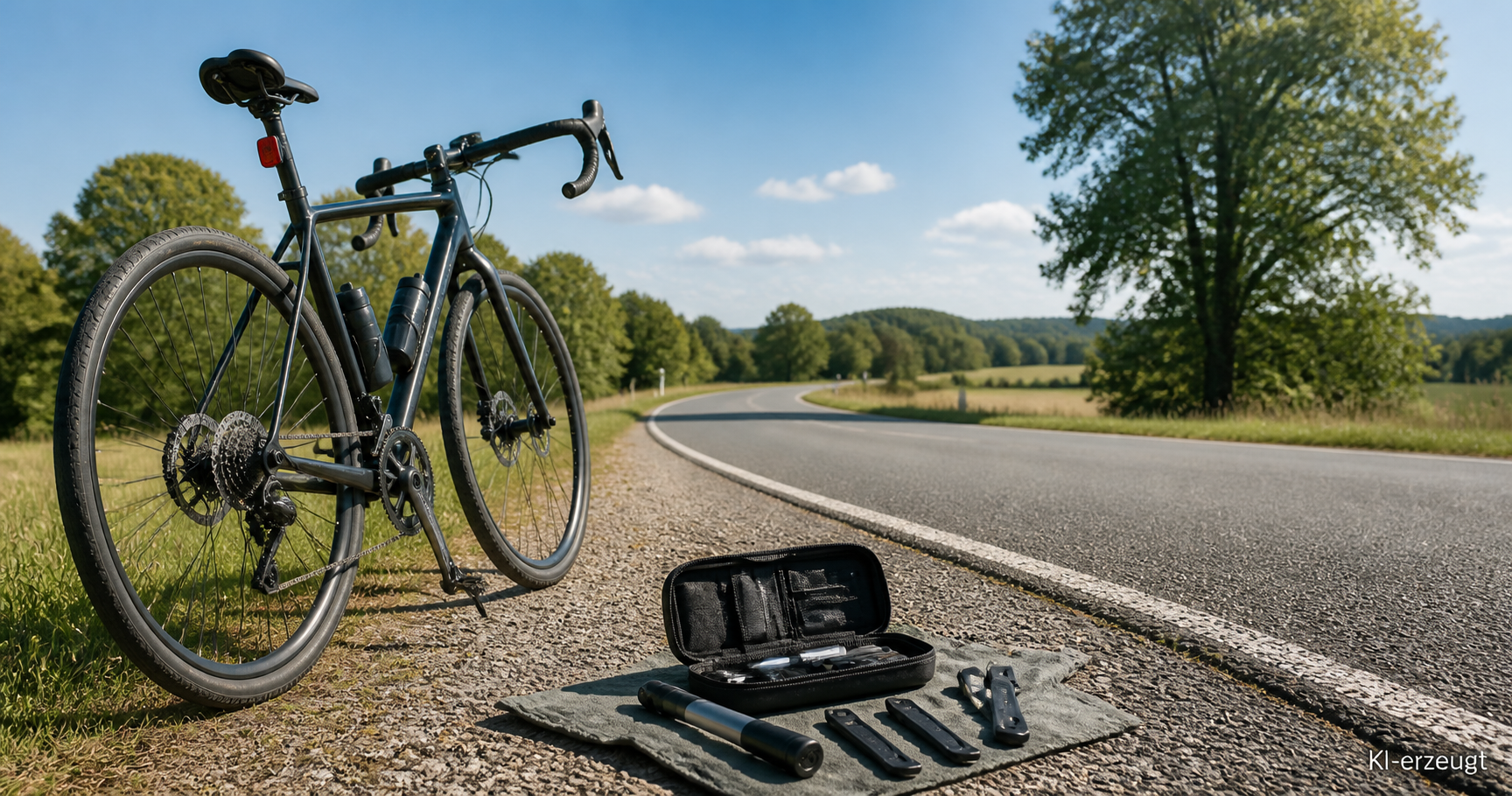 Fahrrad an einer Landstraße mit geöffnetem Pannenset auf einem Tuch