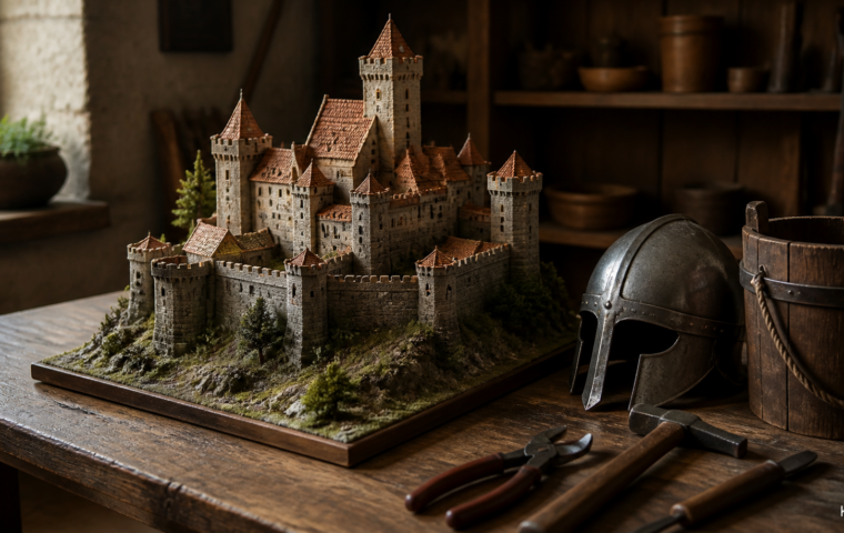 Burgmodell neben einem Helm und Alltagswerkzeugen