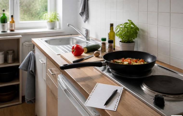 Kleine WG-Küche mit zwei Kochplatten, Pfanne und einfachen Zutaten