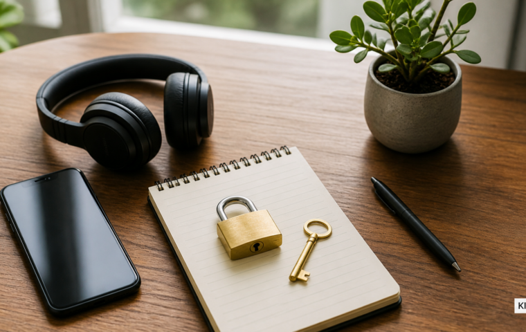 Smartphone, Kopfhörer und Notizblock mit Sicherheitssymbolen auf einem Schreibtisch