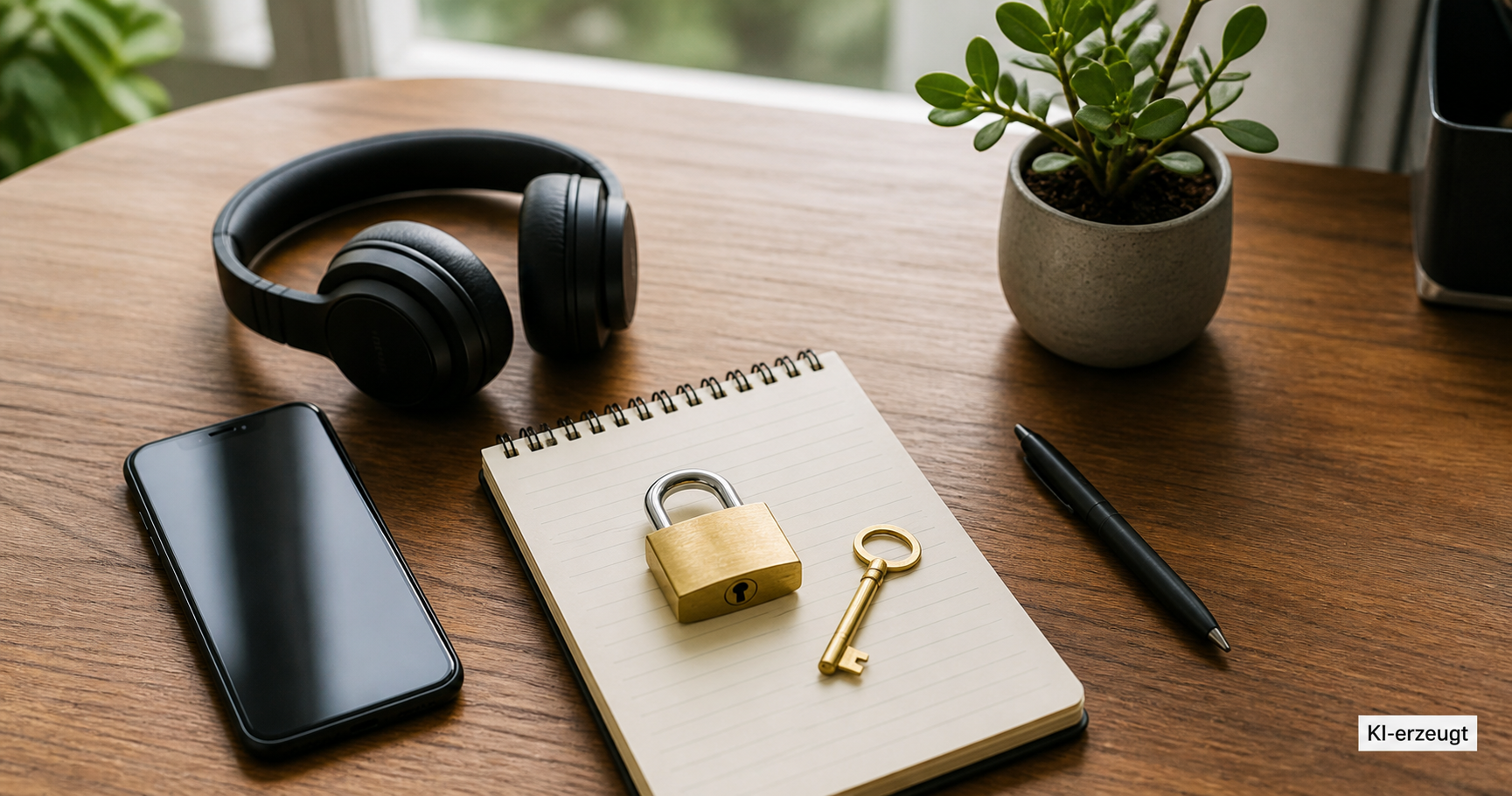 Smartphone, Kopfhörer und Notizblock mit Sicherheitssymbolen auf einem Schreibtisch