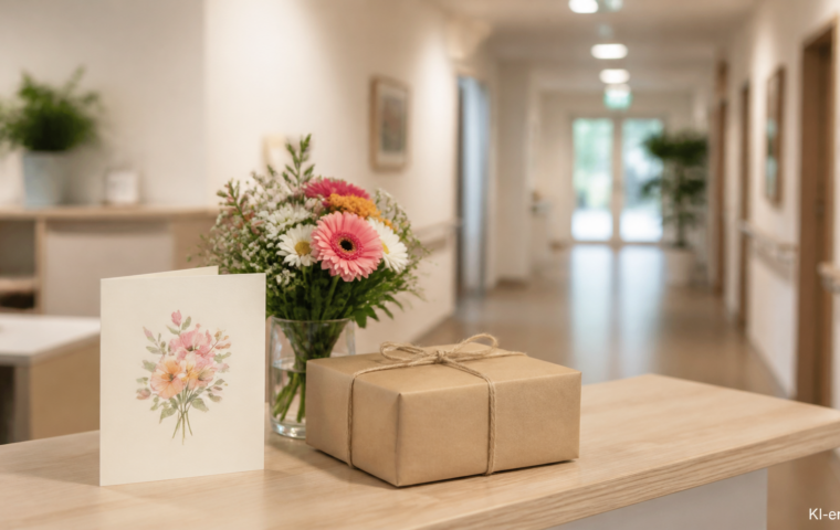 Dankeskarte, Blumen und ein verpacktes Geschenk auf der Ablage eines Pflegestützpunkts