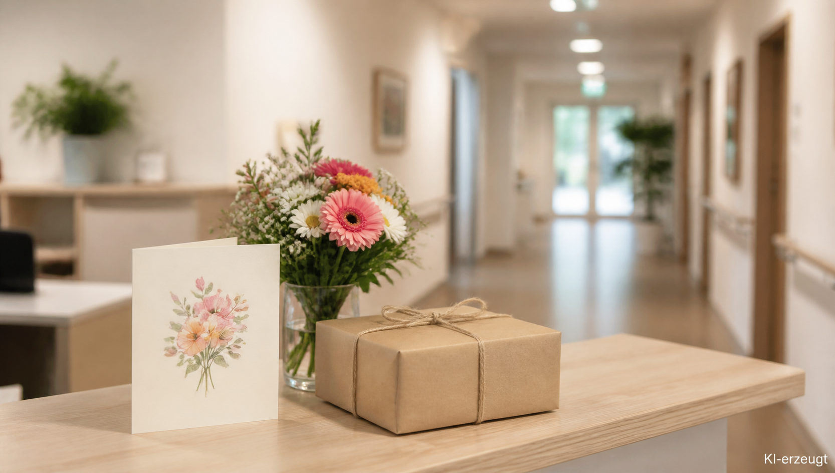 Dankeskarte, Blumen und ein verpacktes Geschenk auf der Ablage eines Pflegestützpunkts
