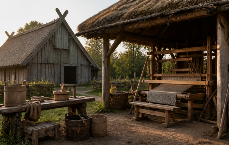 Wikingerhof mit Langhaus, Webstuhl und Werkzeug