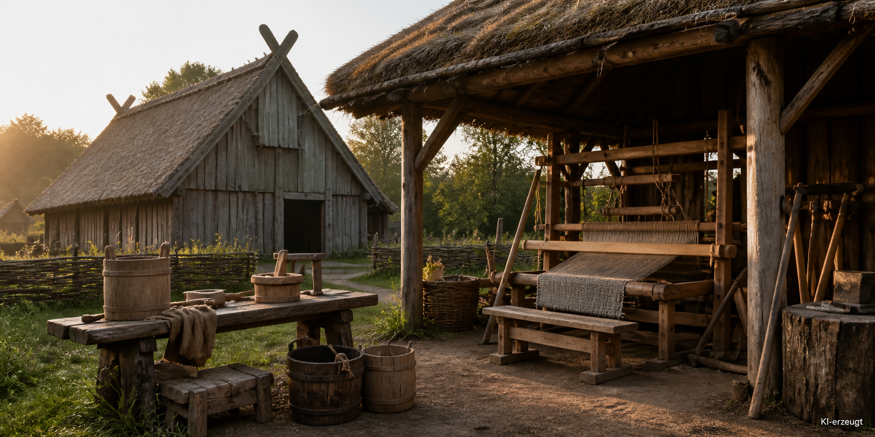 Wikingerhof mit Langhaus, Webstuhl und Werkzeug