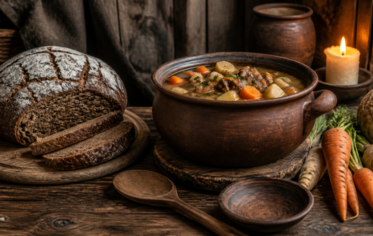 Rustikale Tafel mit Fladenbrot, Eintopf im Tontopf und Wurzelgemüse in Holzschalen