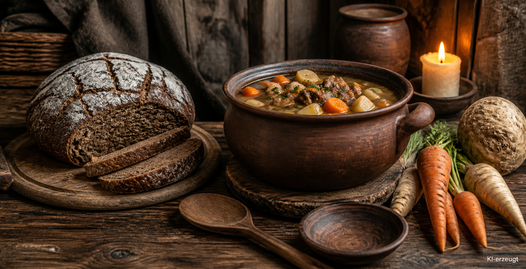 Rustikale Tafel mit Fladenbrot, Eintopf im Tontopf und Wurzelgemüse in Holzschalen