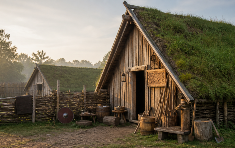 Wikingerdorf mit Grasdachhaus, Schild und Alltagsgegenständen
