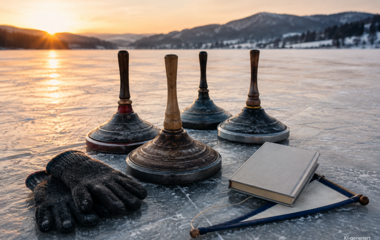 Eisstöcke, Handschuhe und Buchdummy auf einer winterlichen Eisbahn