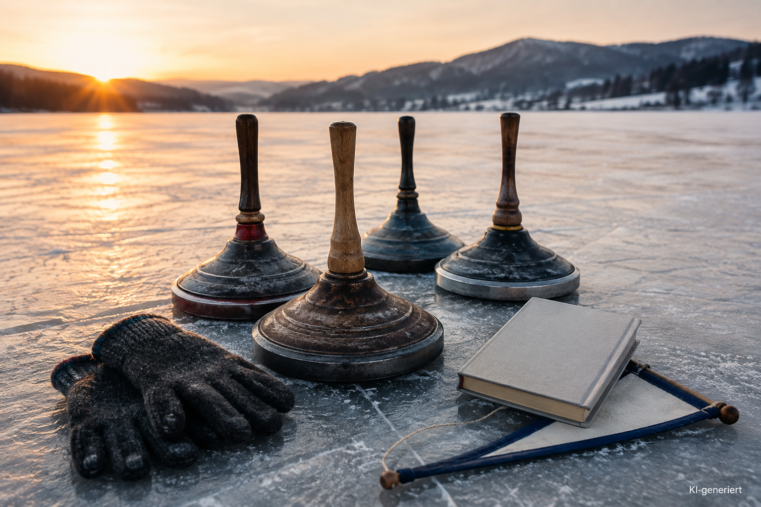 Eisstöcke, Handschuhe und Buchdummy auf einer winterlichen Eisbahn
