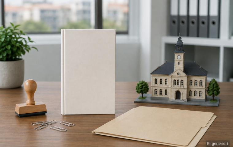 Buchdummy, Aktenmappe und Stempel auf einem Verwaltungsschreibtisch