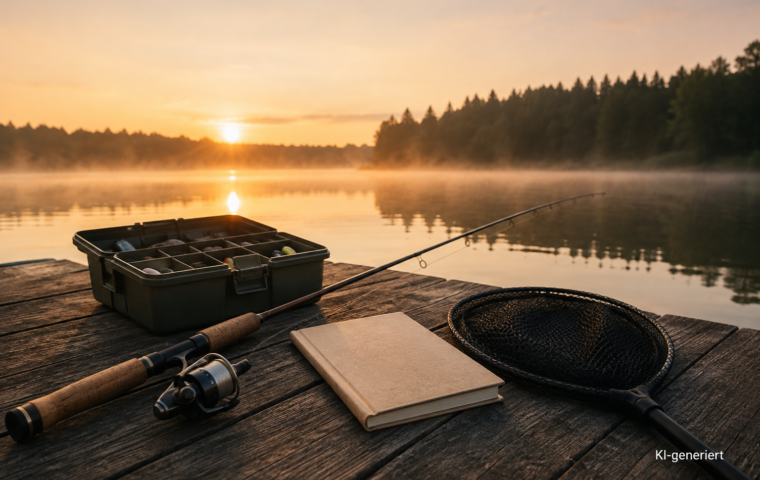 Angelgerät und Buchdummy auf einem Holzsteg am See