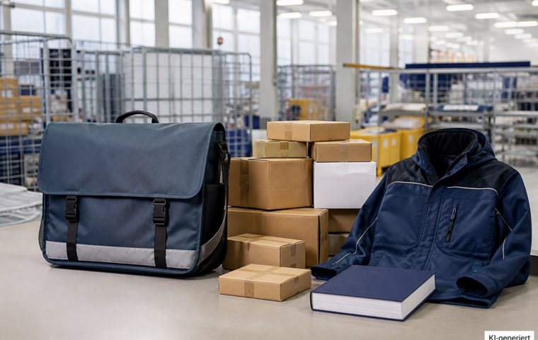 Zustelltasche, Pakete und Buchdummy in einem Verteilzentrum