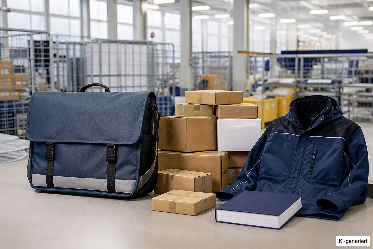 Zustelltasche, Pakete und Buchdummy in einem Verteilzentrum