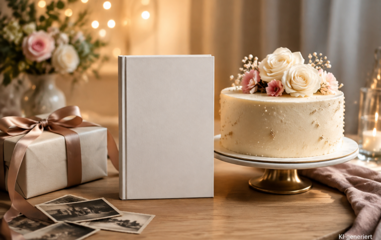 Buchdummy als persönliches Geschenk neben Geburtstagstorte und Erinnerungsfotos