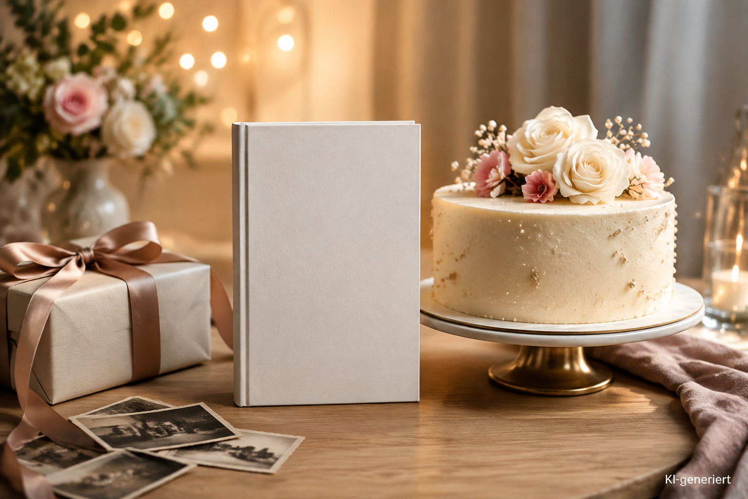 Buchdummy als persönliches Geschenk neben Geburtstagstorte und Erinnerungsfotos