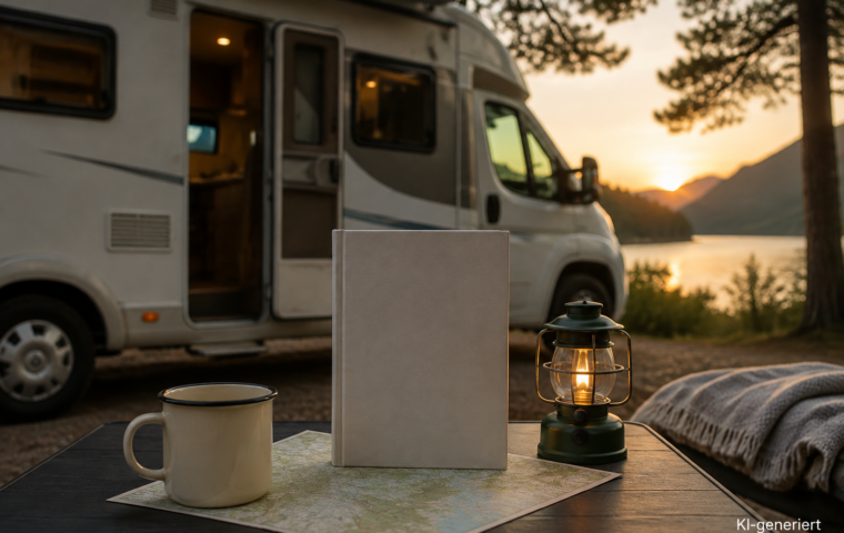 Buchdummy, Emailletasse und Karte auf einem Campingtisch