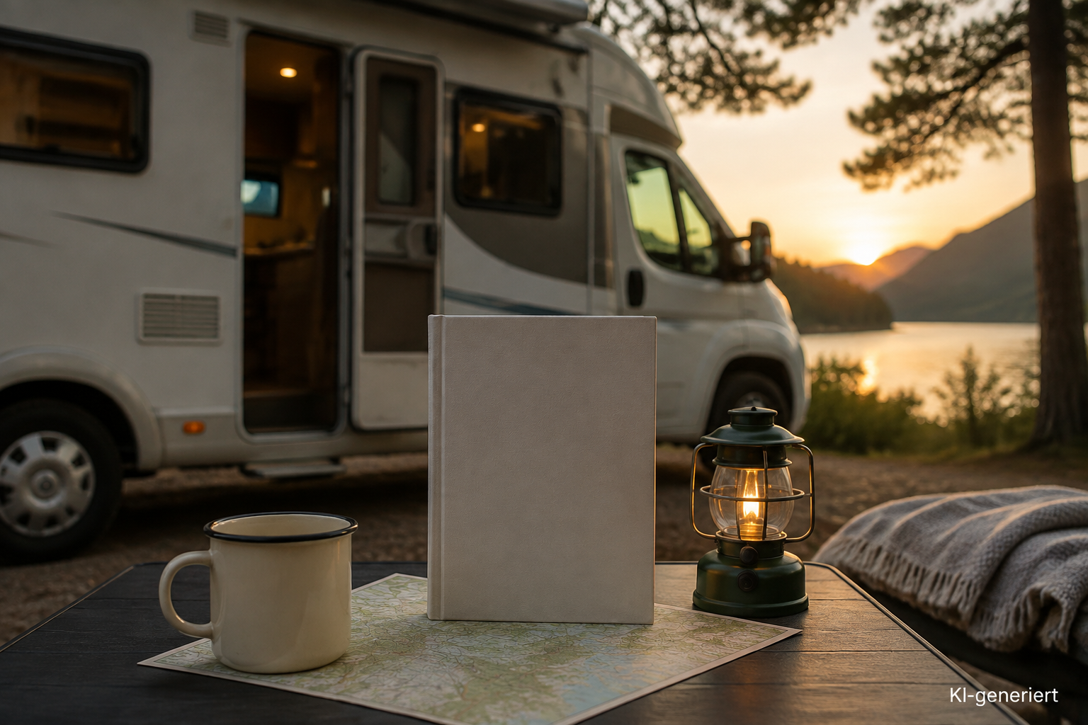Buchdummy, Emailletasse und Karte auf einem Campingtisch