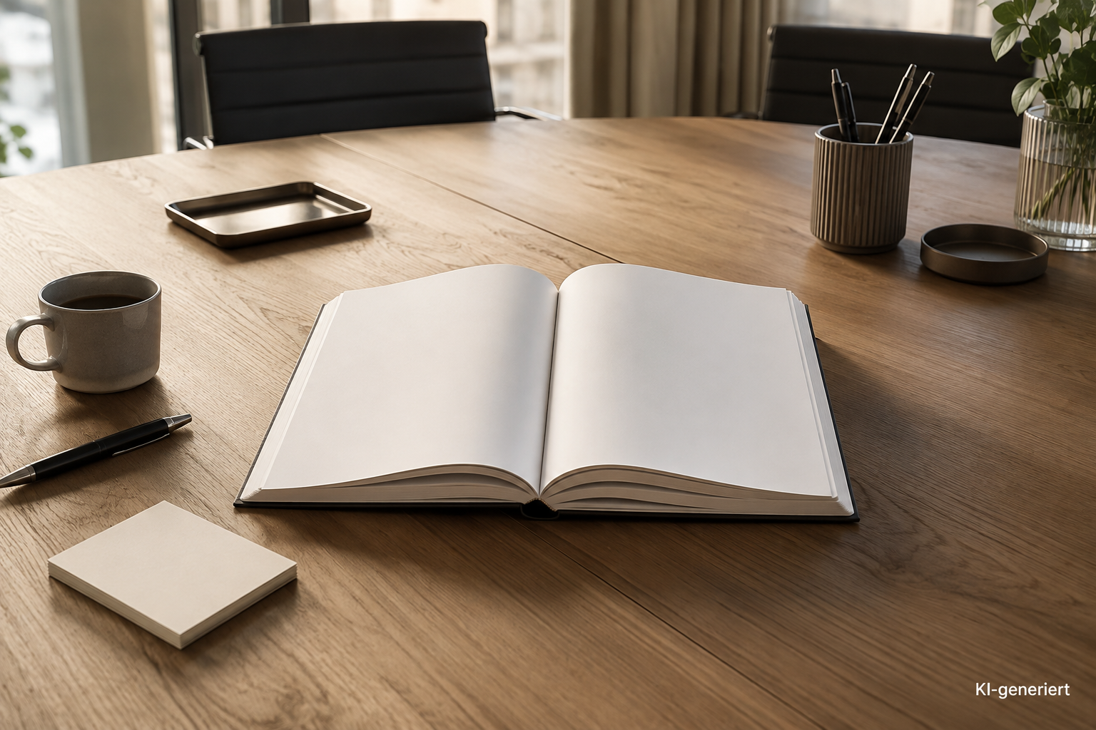 Offener Firmenbuch-Entwurf auf einem Konferenztisch mit Notizkarten