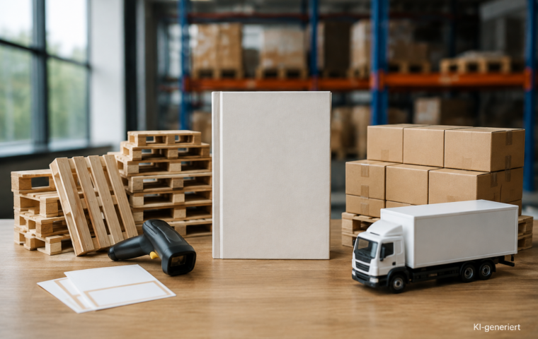 Buchdummy zwischen Logistikmaterial, Scanner und Modell-LKW