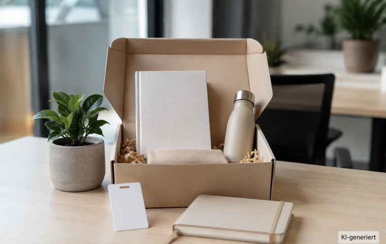 Onboarding-Buchdummy mit Willkommensbox und Schlüsselkarte am Arbeitsplatz