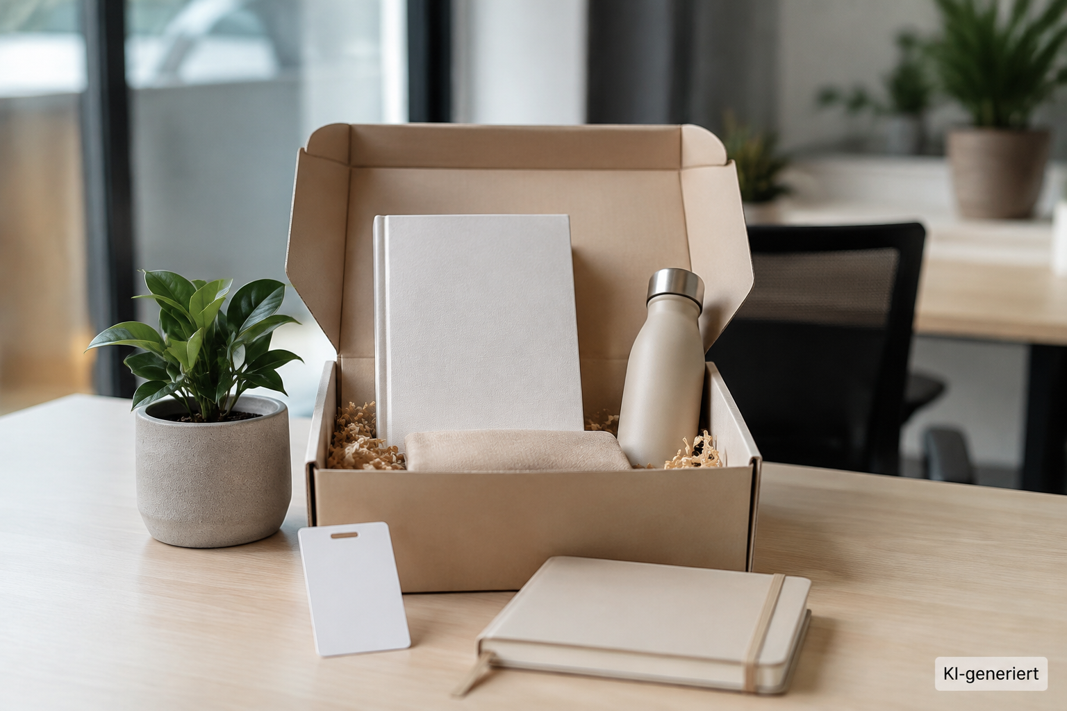 Onboarding-Buchdummy mit Willkommensbox und Schlüsselkarte am Arbeitsplatz