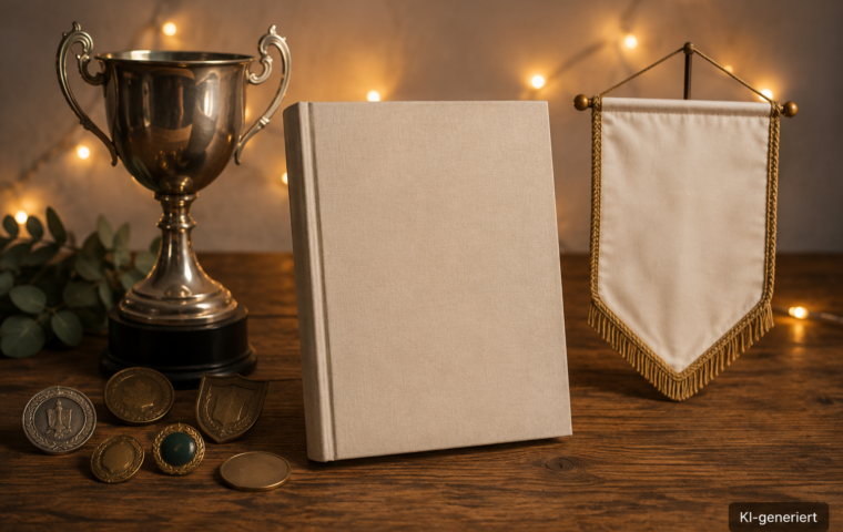 Vereinsbuch-Dummy mit Pokal, Abzeichen und Wimpel zum Jubiläum